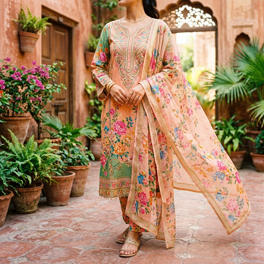Woman_in_floral_kameez_courtyard_202605241337 Sahara Floral Digital Print Lawn 3-Piece - Image 1