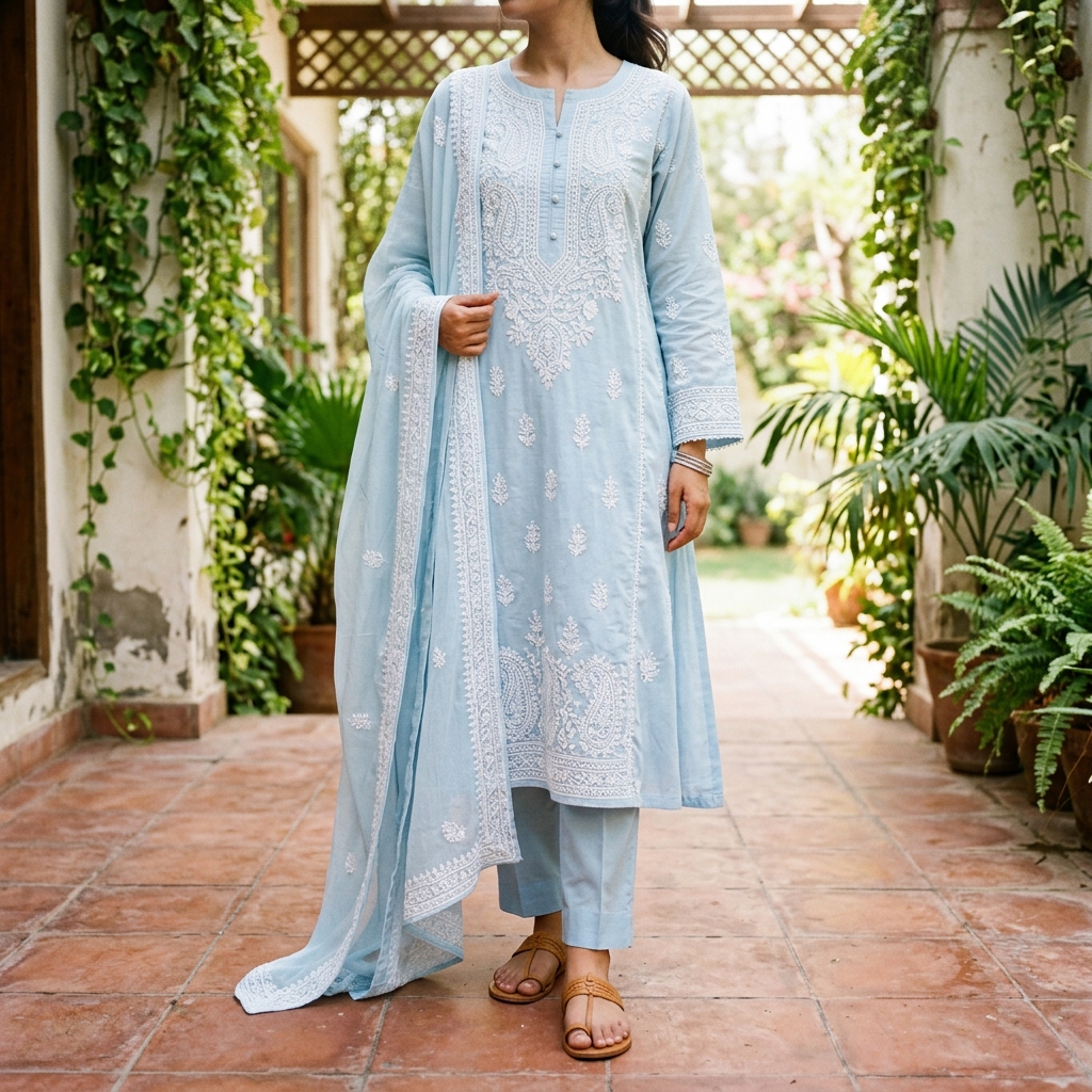 Woman_wearing_blue_kameez_202605241404 Chikankari Lawn Stitched Ensemble - Image 1