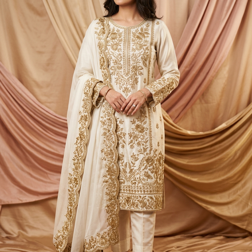Woman_wearing_embroidered_silk_k…_202605241352 Silk Embroidered 3-Piece Ready To Wear - Image 1