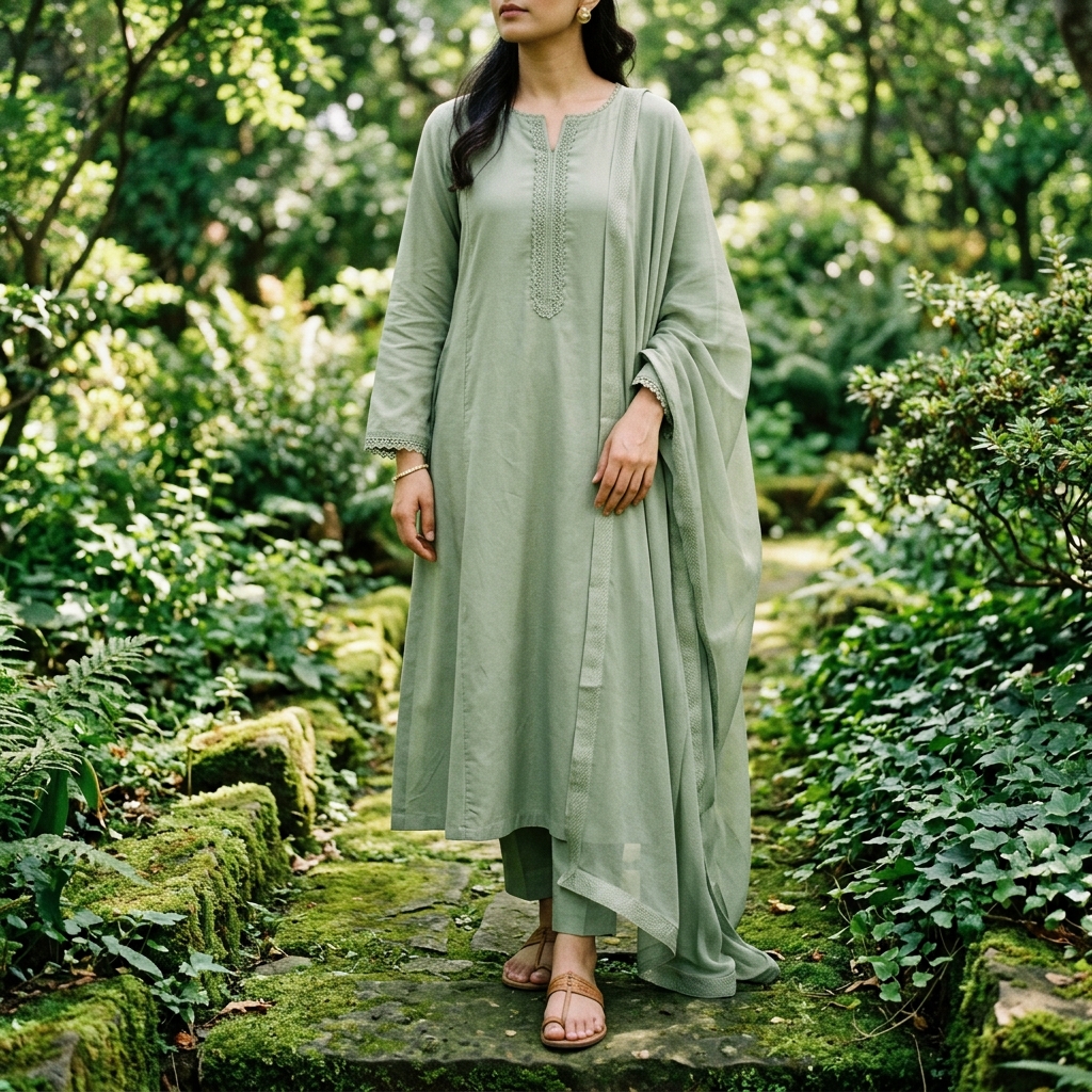 Woman_wearing_sage_green_suit_202605241431 Farah Solid Lawn 3-Piece – Sage Green - Image 1